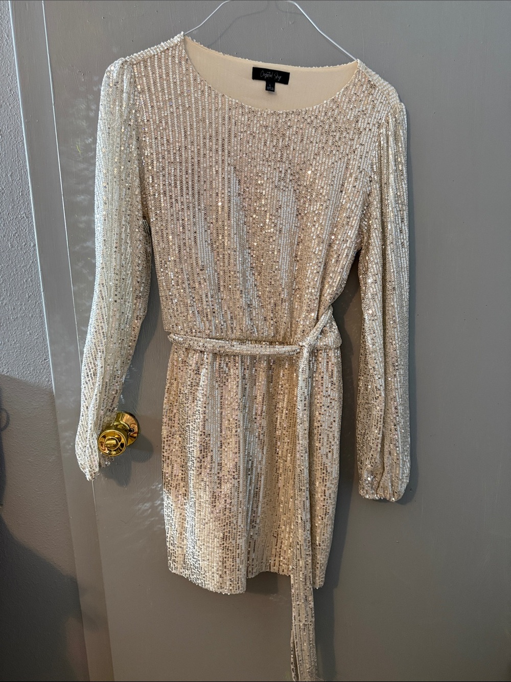 Crystal Sky Beaded Long-Sleeve Belted Mini Dress - Silver
